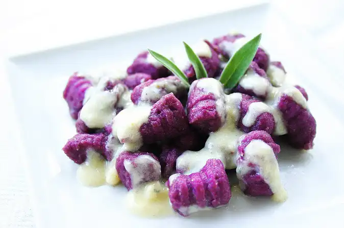 Purple Gnocchi with Cheese Sauce