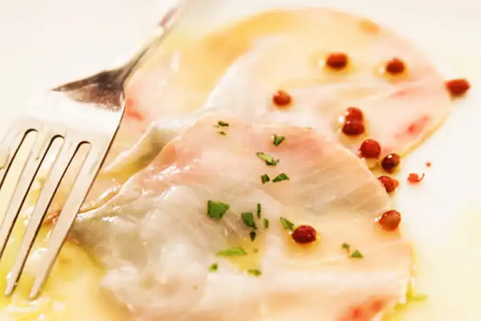 Swordfish Carpaccio with Green and Red Peppercorn